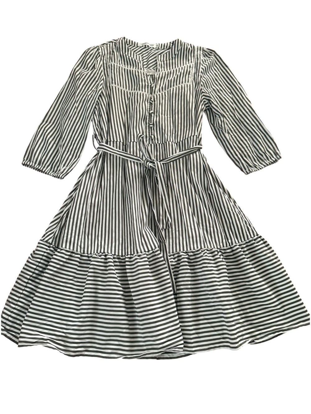 Wish Black and White Striped Button-Front Belted Midi Dress